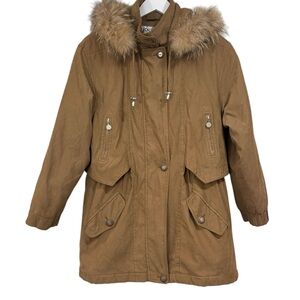 Bernardo Faux Suede Fall Winter Coat Size Small Raccoon Fur Trim Hood Womens